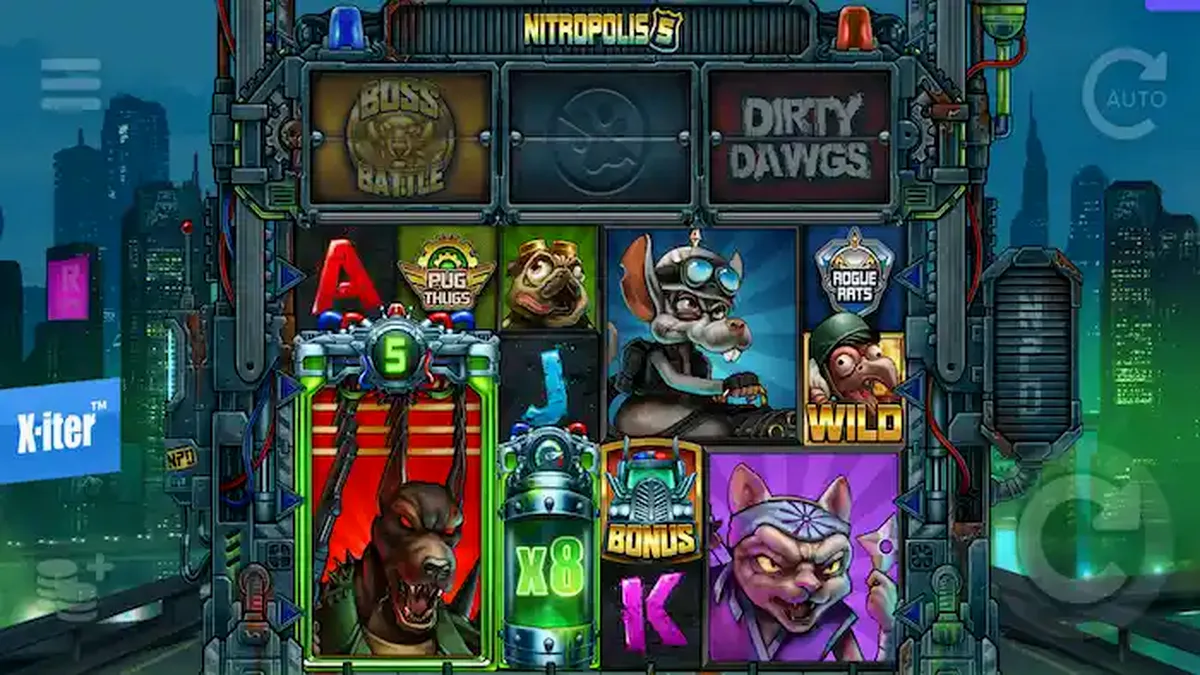 Cena de batalha urbana intensa no jogo de slot Nitropolis 5