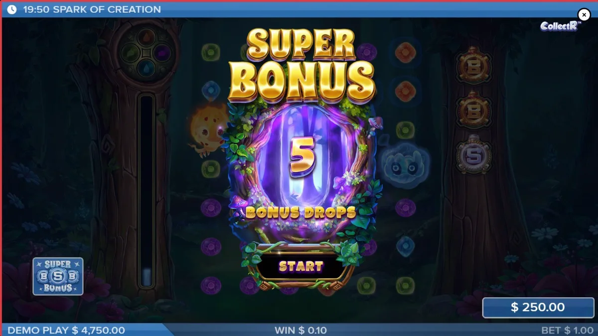 Cena vibrante e mágica do jogo de slot Spark of Creation com criaturas elementais
