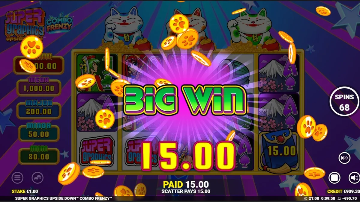 Interface vibrante do slot Super Graphics Upside Down com gatos da sorte e símbolos coloridos