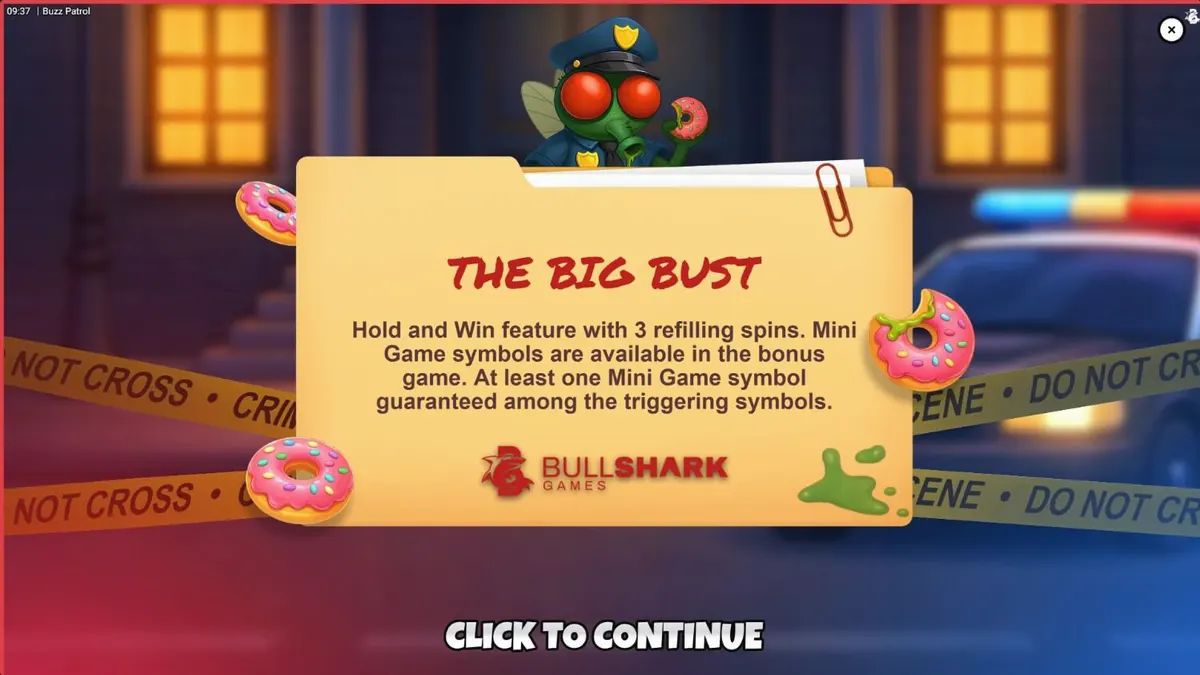 Interface colorida e cartunesca do slot Buzz Patrol com moscas policiais